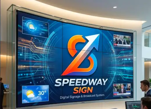 Speedway SIGN lobby video wall showing weather, live news and digital information