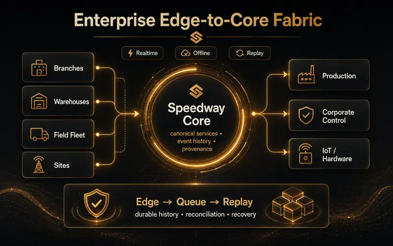Speedway enterprise edge-to-core fabric connecting branches, warehouses, field fleets, production, corporate control and IoT through governed core services