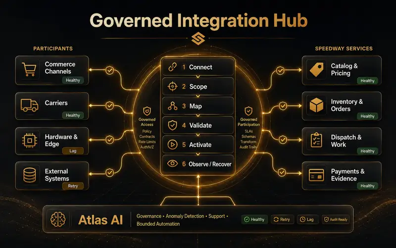 Speedway Integration Hub control plane connecting commerce channels, carriers, hardware and external systems to canonical Speedway services through scoped capabilities